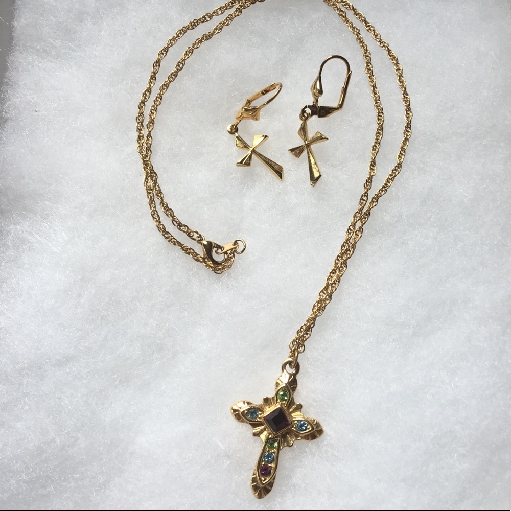 Gold Cross Earrings and Necklace